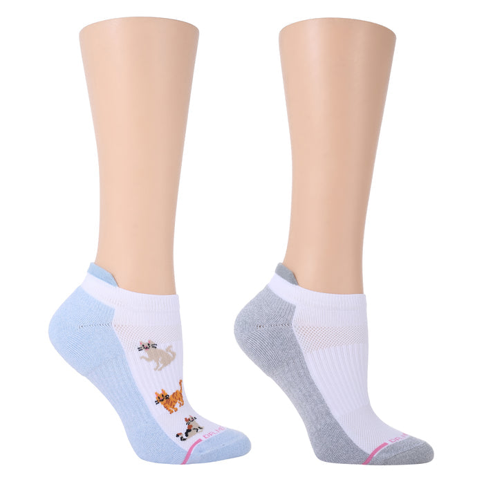 Ankle compression socks featuring playful cat designs in blue and gray colors.