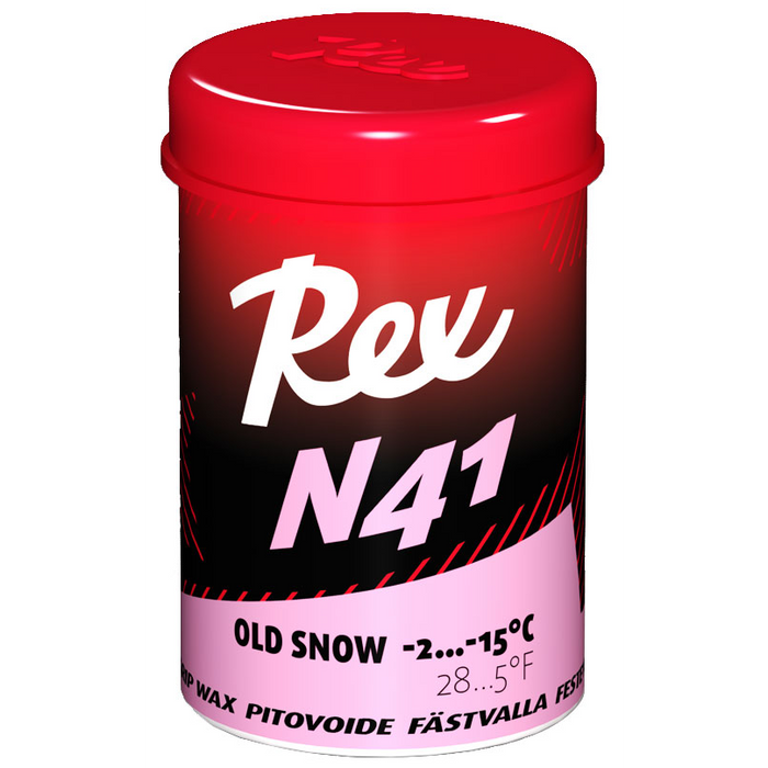 A product picture of the Rex Wax N41 Pink 'Old Snow' Fluoro-Free Racing Grip (-2C/-15C) | 45g