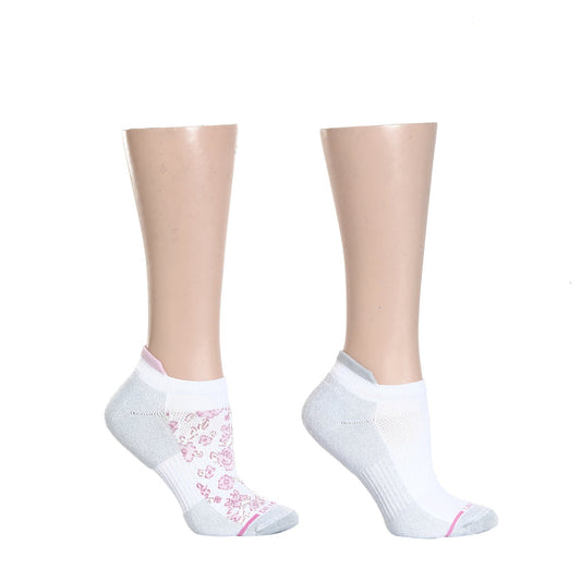 Ankle compression socks featuring a floral design on one sock and a solid color on the other, displayed on mannequins.