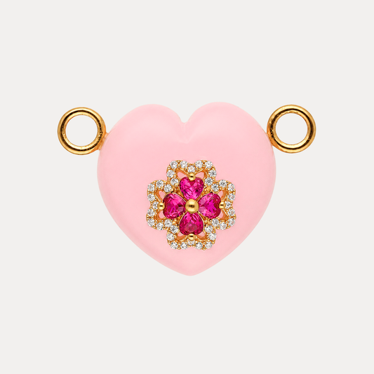Rose Quartz Heart Charm showing a pink quartz heart with sparkling magenta accents and a central flower emblem.