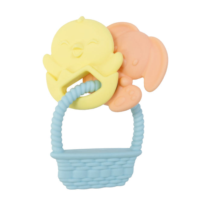 The Nuby Silicone Bunny Basket Teether is a pastel Easter toy shaped like a blue basket with a smiling yellow chick and orange bunny on top, made from soft, textured material that's gentle for babies.