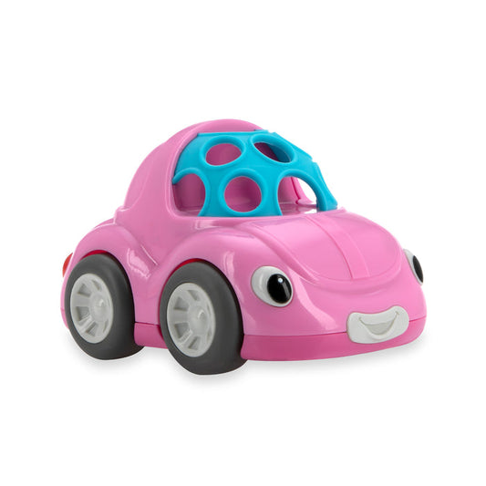 The Nuby Silly Shaker Rattle Toy - Bug Car is a pink toy car with a smiling face, big black tires, white hubcaps, and an easy-grip blue open-holed roof—designed to encourage hand–eye coordination in little ones.