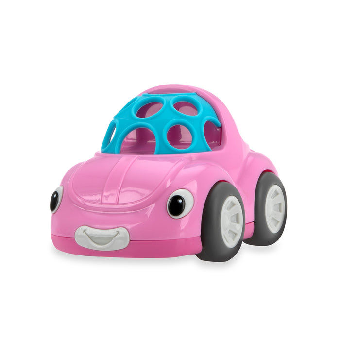 The Nuby Silly Shaker Rattle Toy - Bug Car is a pink interactive toy with big eyes, a smiling mouth, blue open lattice roof, and gray and white wheels—perfect for encouraging hand-eye coordination in young children.