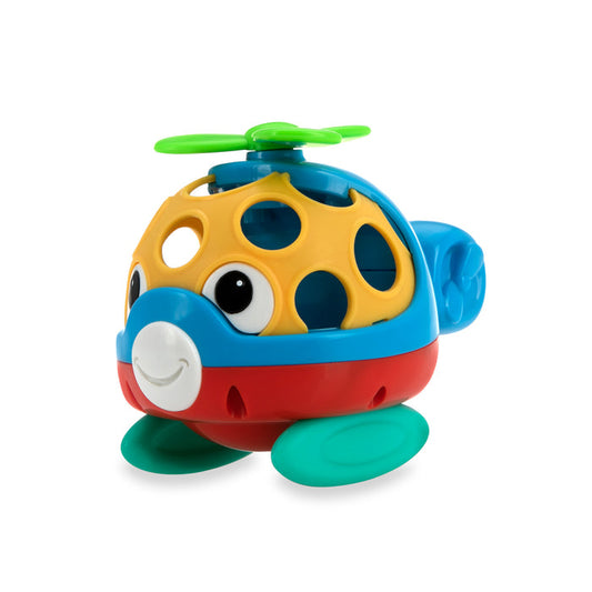 The Nuby Silly Shaker Rattle Toy - Helicopter features a red base, yellow cage top, blue tail, green propeller, teal wheels, and a smiling face—an interactive toy designed to engage young children.