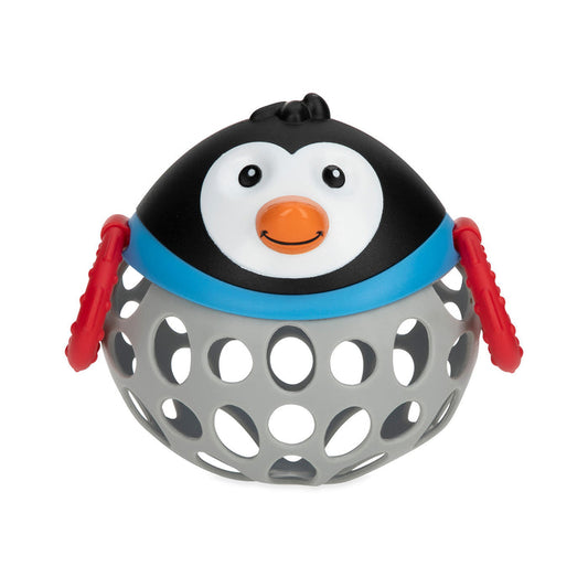 The Silly Shaker Rattle Toy - Penguin features a cute penguin face, red side handles, and a gray open lattice ball for easy gripping—an adorable rattle perfect for little hands.