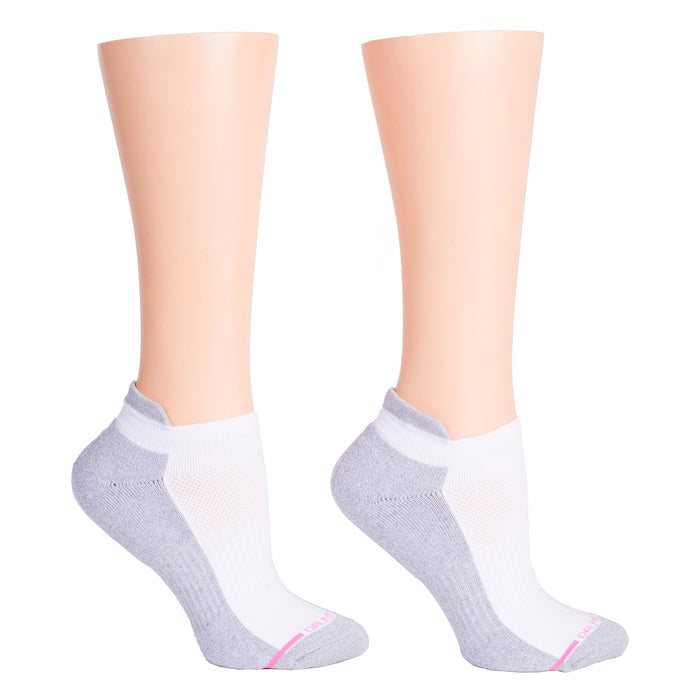Ankle compression socks with a solid half-cushion design in gray and white, featuring a pink accent.