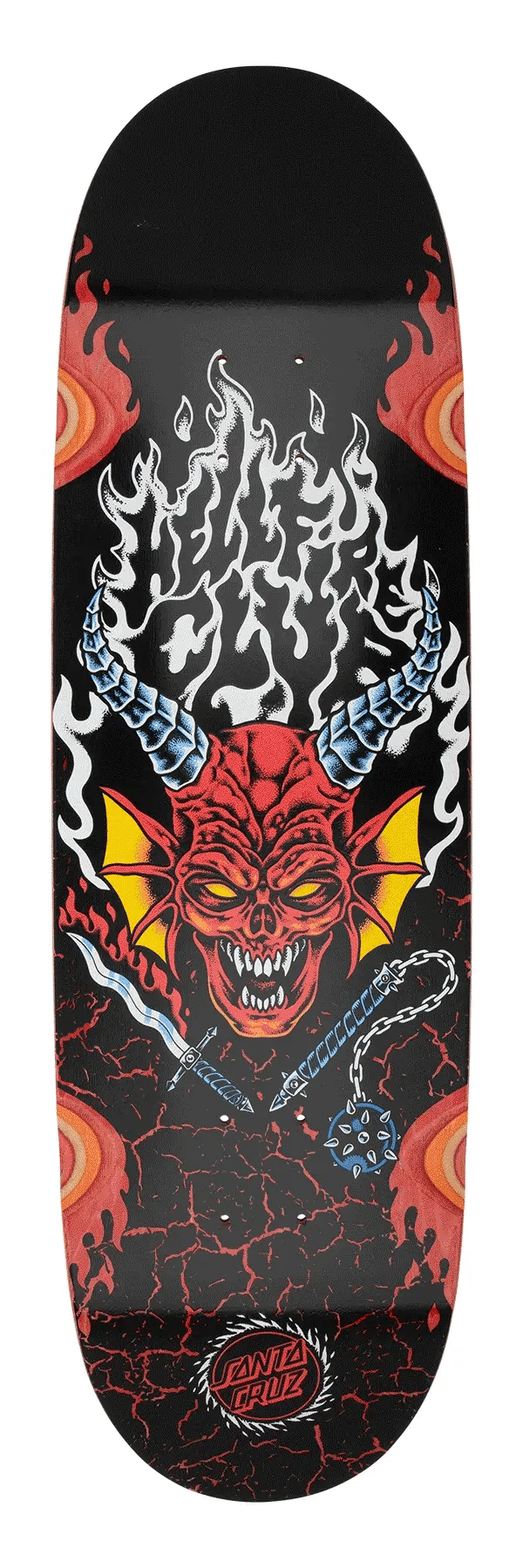 Santa Cruz x Stranger Things Hellfire Club Flames 9.0 inch skateboard deck with red demon and fire graphic glow in the dark offered by NHS