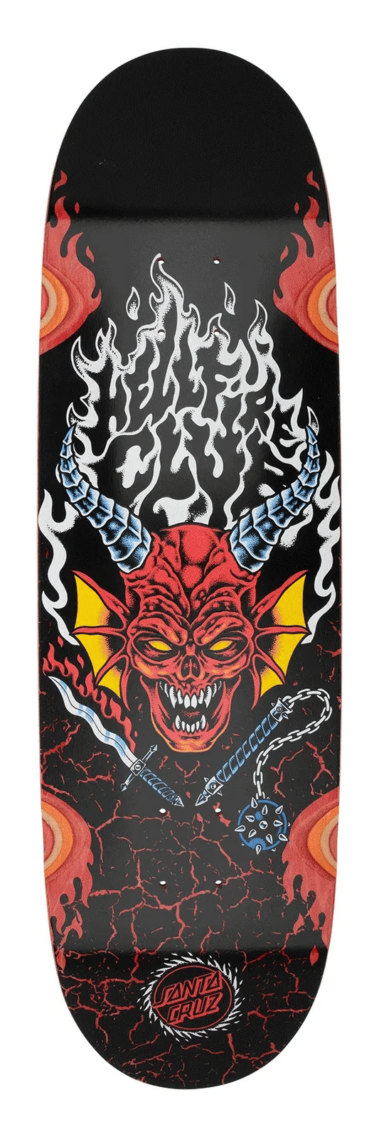 Santa Cruz x Stranger Things Hellfire Club Flames 9.0 inch skateboard deck with red demon and fire graphic glow in the dark offered by NHS
