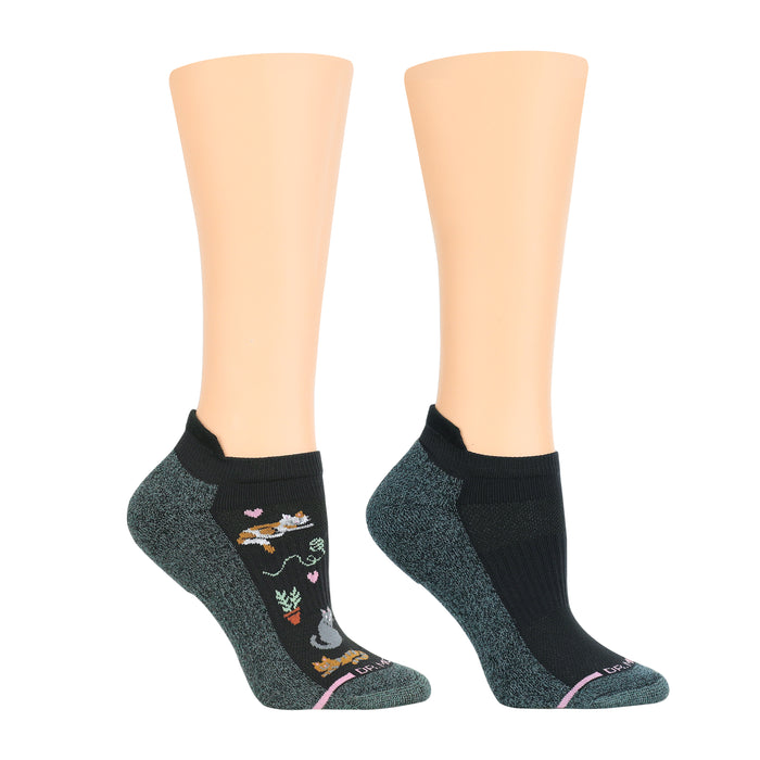 Ankle compression socks featuring a black design with colorful cat and plant graphics.