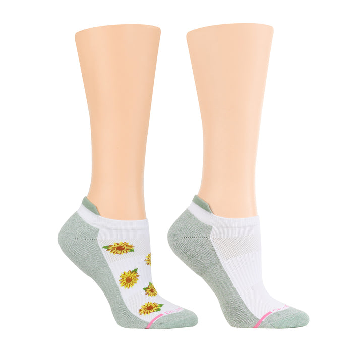 Ankle compression socks featuring a sunflower design with a white and green color scheme.