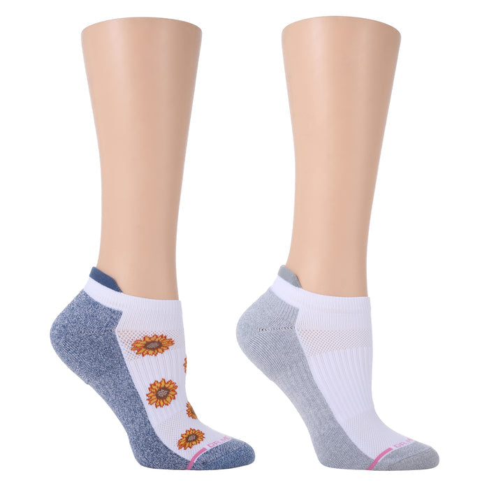 Ankle compression socks featuring a sunflower design on one sock and a solid gray color on the other.