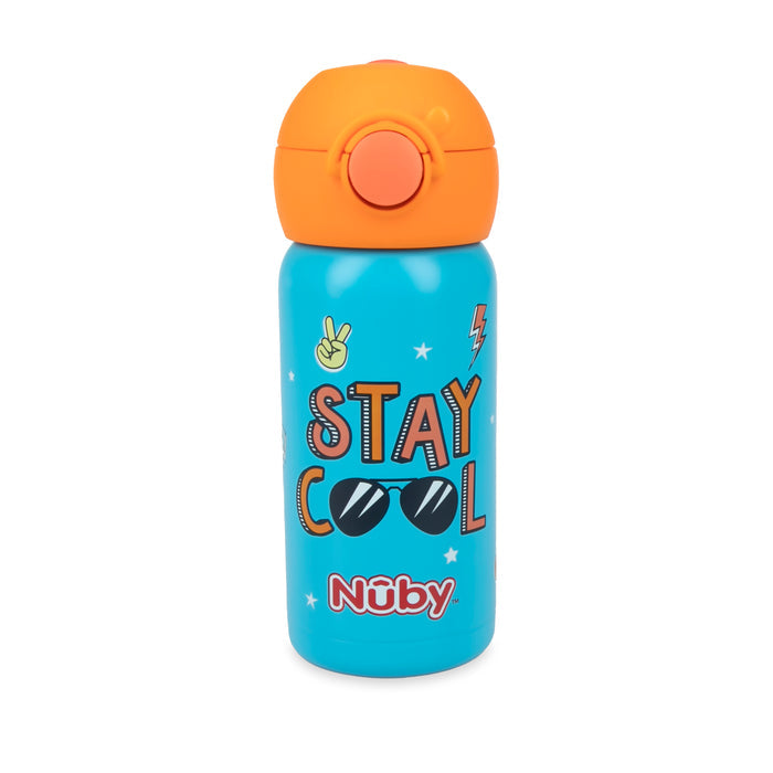 The Thirsty Kids ACTIVE Stainless Steel Canteen by Nuby is a blue kids' water bottle with an orange lid, featuring "STAY COOL" in colorful letters and graphics like sunglasses, a peace sign, star, and lightning bolt. Leak-proof straw cup design.