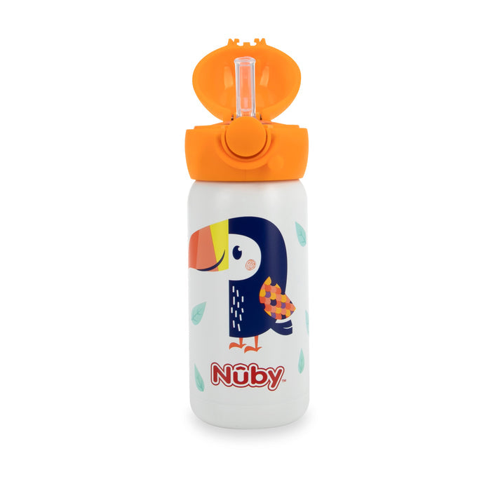 The Thirsty Kids ACTIVE Stainless Steel Canteen is a white water bottle with an orange flip-top lid, leak-proof straw, colorful toucan illustration, blue leaves, and the Nûby logo at the bottom.