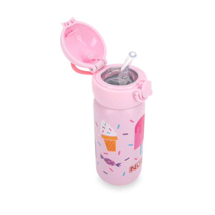 The Thirsty Kids ACTIVE Stainless Steel Canteen is a pink kids water bottle with a flip-top lid and a leak-proof straw, featuring colorful ice cream, candy, and sprinkle illustrations.