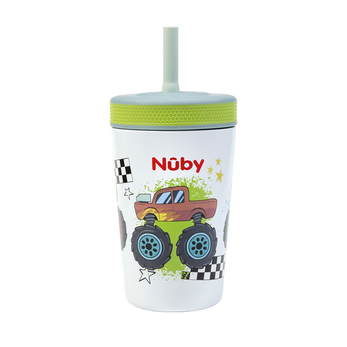 The Nuby Thirsty Kids Flexstraw Stainless Steel Cup features a green lid, no-spill straw, and fun monster truck and checkered flag designs.
