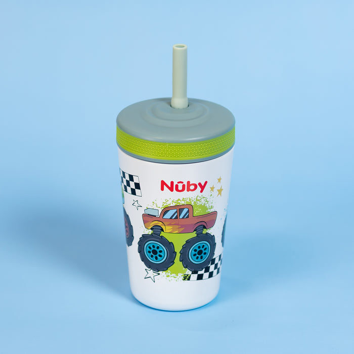 The Nuby Thirsty Kids Flexstraw Stainless Steel Cup features a white body with a green no-spill straw lid, colorful monster trucks, and checkered flags on a light blue background.