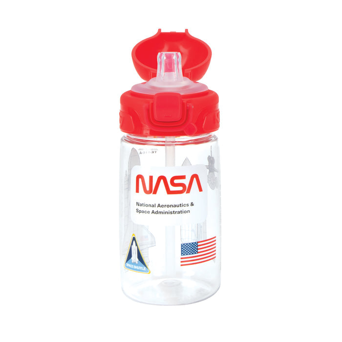 The Nuby US Thirsty Kids NASA Flip-It Blast Cup features a clear body, red flip-top lid, NASA logo, American flag, and space shuttle graphic—perfect as a space shuttle cup for young explorers.