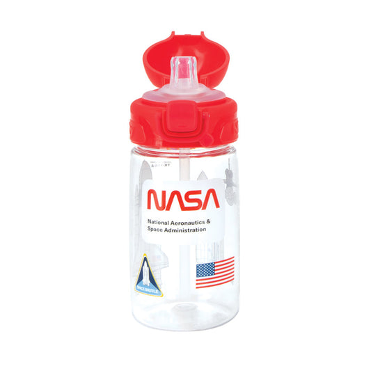The Nuby US Thirsty Kids NASA Flip-It Blast Cup features a clear body, red flip-top lid, NASA logo, American flag, and space shuttle graphic—perfect as a space shuttle cup for young explorers.