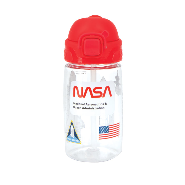 The Nuby US Thirsty Kids NASA Flip-It Blast Cup is a clear kids water bottle with a red lid, featuring the NASA logo, a small U.S. flag, a space shuttle graphic, and “National Aeronautics & Space Administration.”.