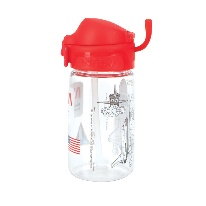 The Nuby US Thirsty Kids NASA Flip-It Blast Cup is a clear, spill-proof kids water bottle with a red flip-top lid, decorated with a rocket, astronaut bear, and American flag—perfect for toddlers.