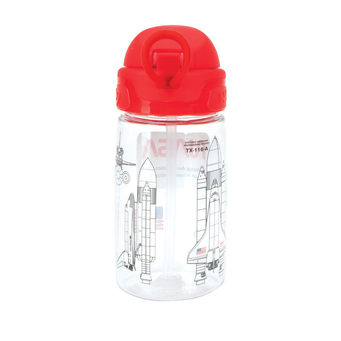 The Nuby US Thirsty Kids NASA Flip-It Blast Cup is a clear, spill-proof toddler cup with a red flip-top lid and built-in straw, featuring space shuttles, astronauts, and American flags—ideal for young explorers.