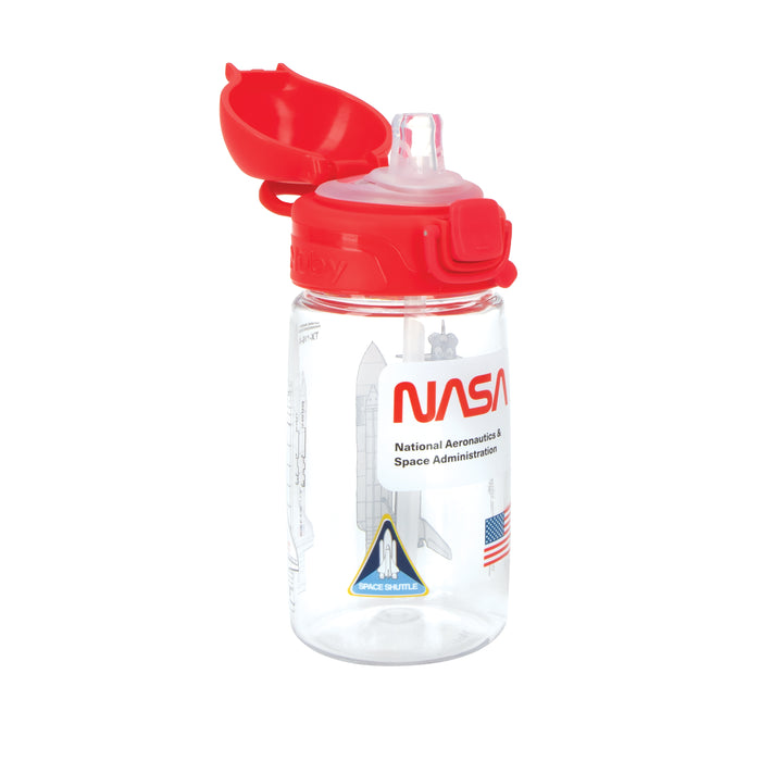 The Nuby US Thirsty Kids NASA Flip-It Blast Cup is a clear plastic water bottle with a red flip-top lid and straw, featuring the NASA logo, space shuttle graphic, and American flag—perfect for young explorers.
