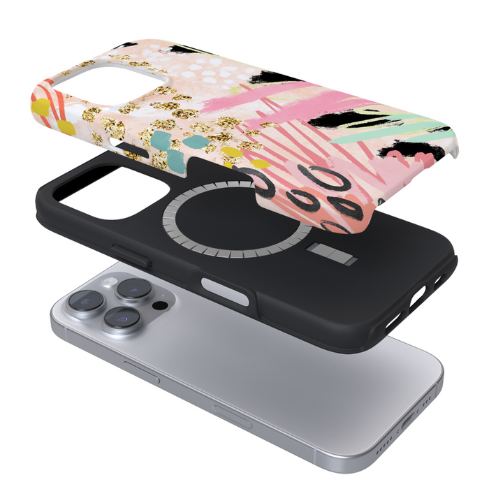 Black and pink abstract Coconut Lane Tough MagSafe phone case shown disassembled with the MagSafe ring above.