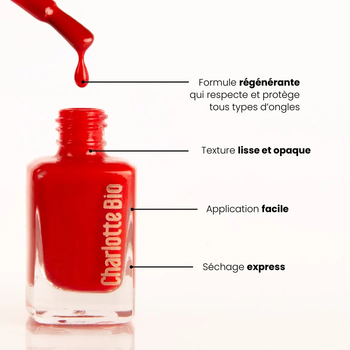 Vernis à ongles vegan Charlotte Bio : formule régénérante, application facile, séchage express