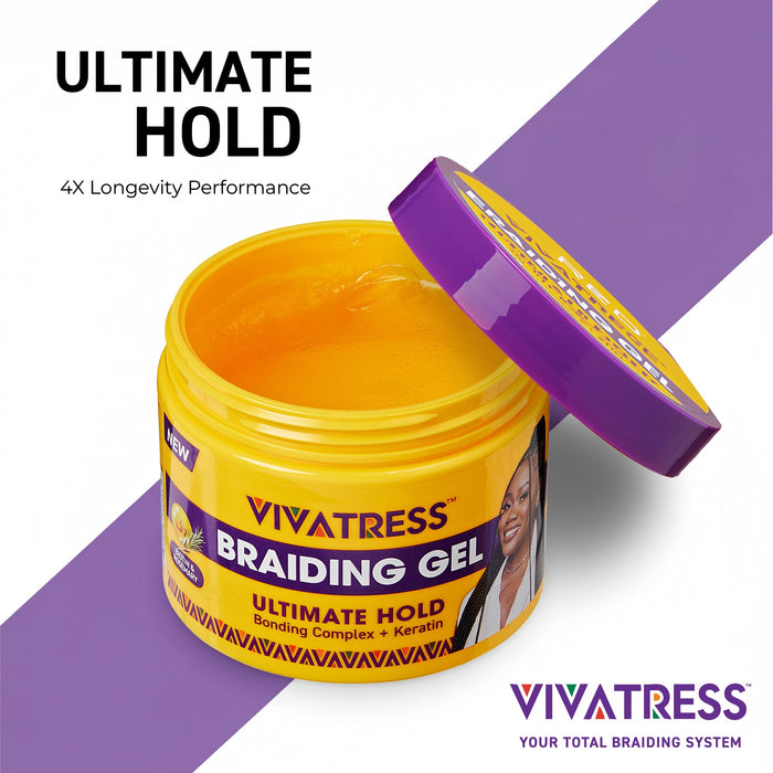 VIVATRESS Ultimate Hold Braiding Gel – 4X Extra Strong, No Flake, Non-Greasy, Long Lasting Sleek Styling Gel with Keratin, Biotin & Rosemary (6 oz)
