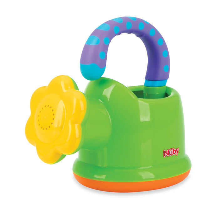 The Nuby Watering Can Bath Toy features a green body, orange base, yellow flower-shaped spout, and blue/purple polka-dotted handle—perfect for outdoor play or as a fun bath toy for kids.