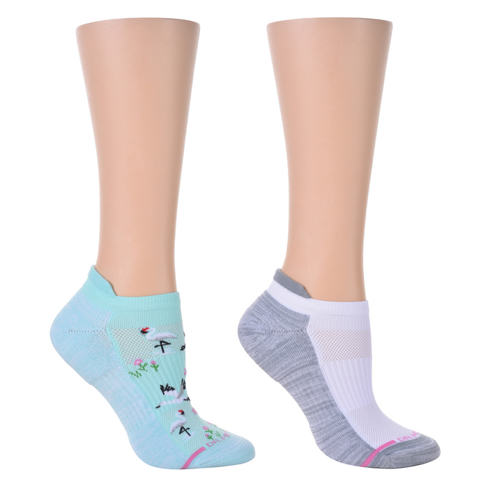 Ankle compression socks in two designs: one with a whooping crane pattern and the other in gray and white.