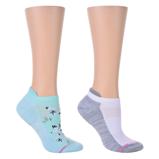 Ankle compression socks in two designs: one with a whooping crane pattern and the other in gray and white.