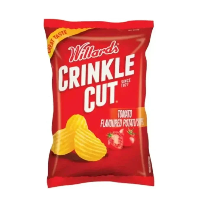 Willards Crinkle Cut Tomato Chips 120g pack with thick, tangy, crunchy South African flavor