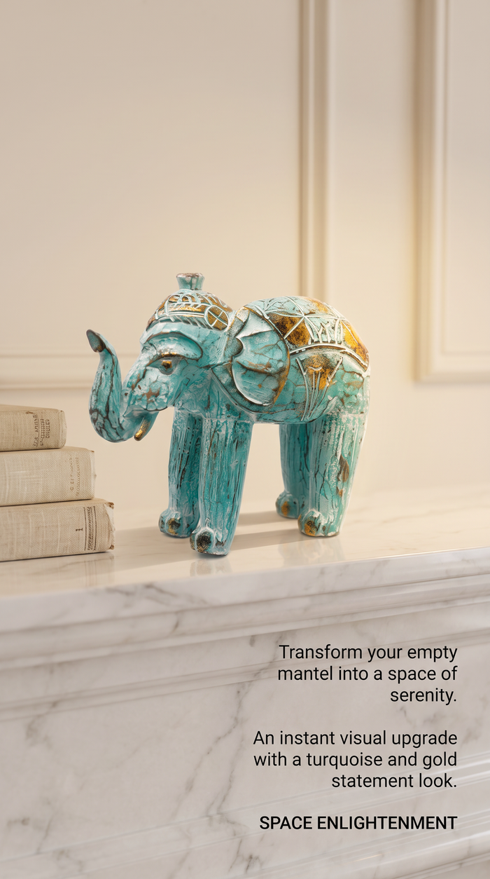 Wood Carved Elephant Turquoise Gold