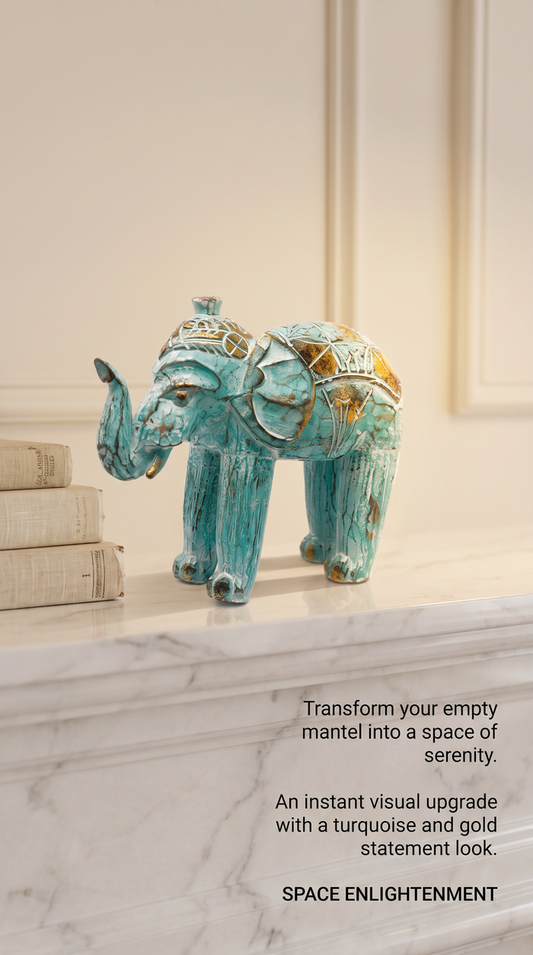 Wood Carved Elephant Turquoise Gold