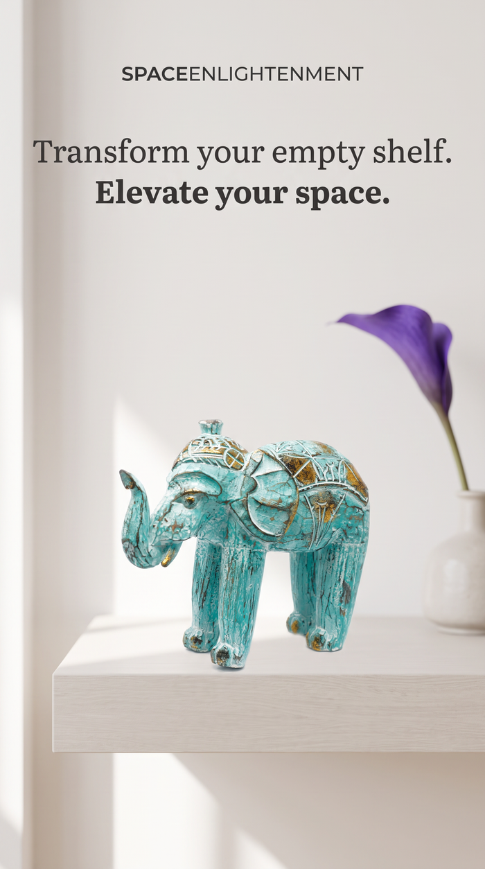 Wood Carved Elephant Turquoise Gold
