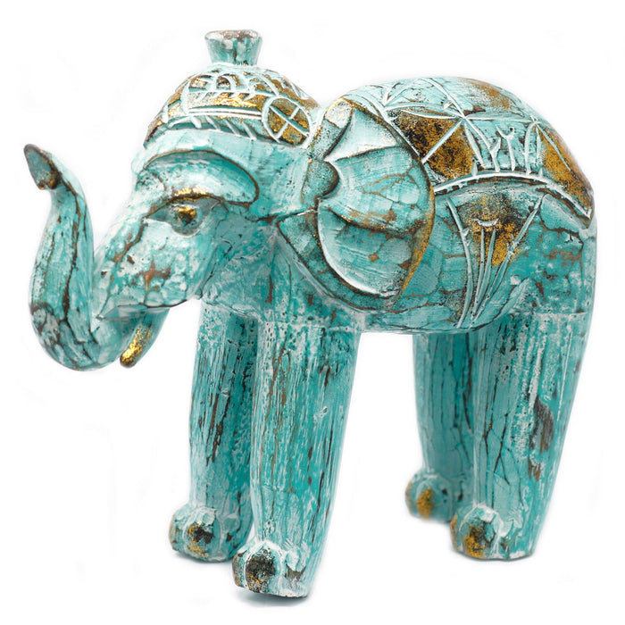 Wood Carved Elephant Turquoise Gold