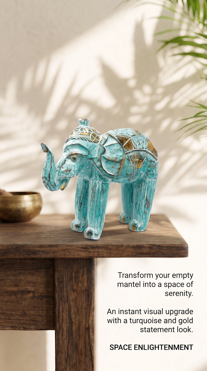 Wood Carved Elephant Turquoise Gold