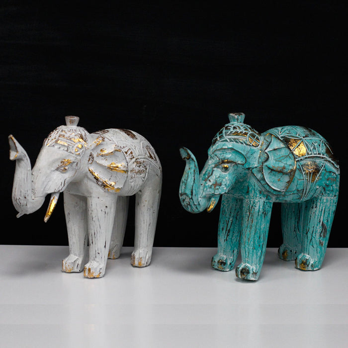 Wood Carved Elephant Turquoise Gold