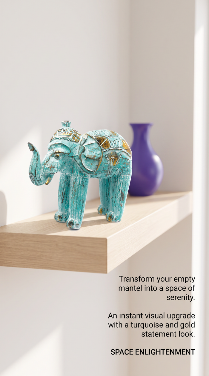 Wood Carved Elephant Turquoise Gold