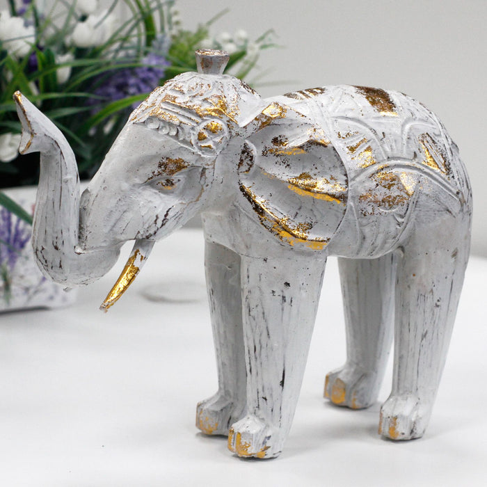 Wood Carved Elephant White Gold