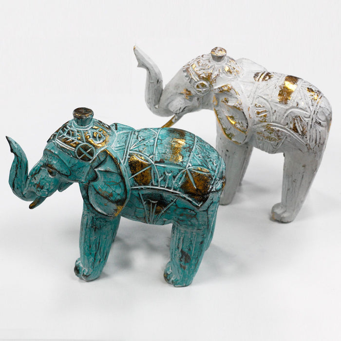 Wood Carved Elephant White Gold