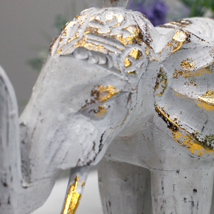 Wood Carved Elephant White Gold