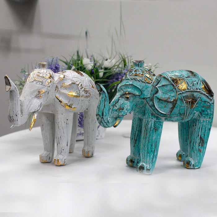 Wood Carved Elephant White Gold