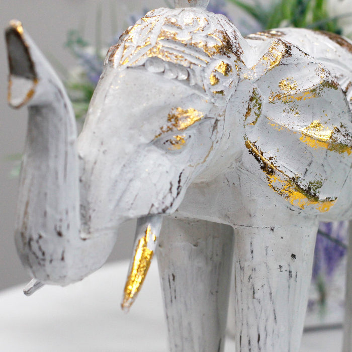 Wood Carved Elephant White Gold