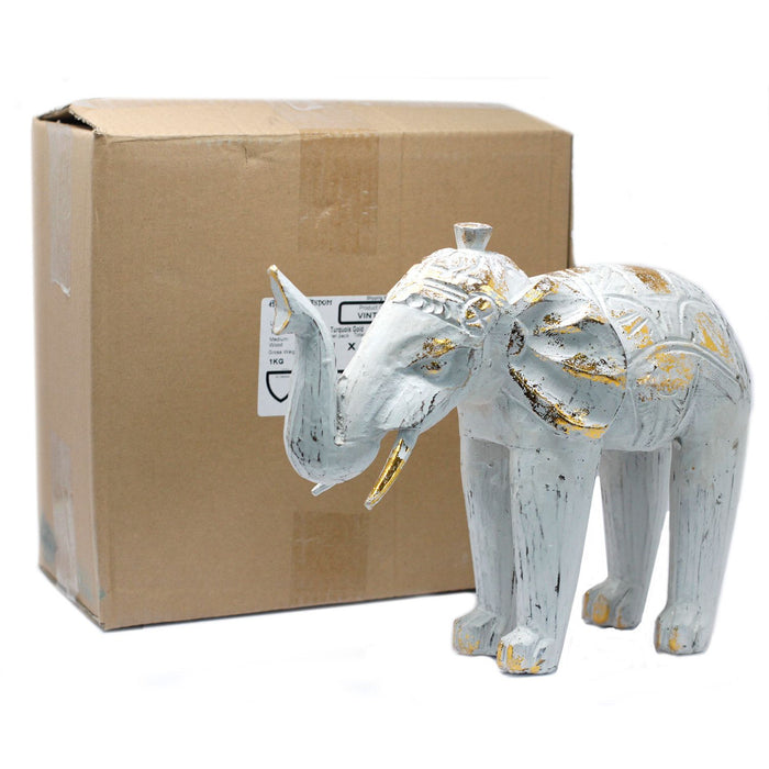 Wood Carved Elephant White Gold