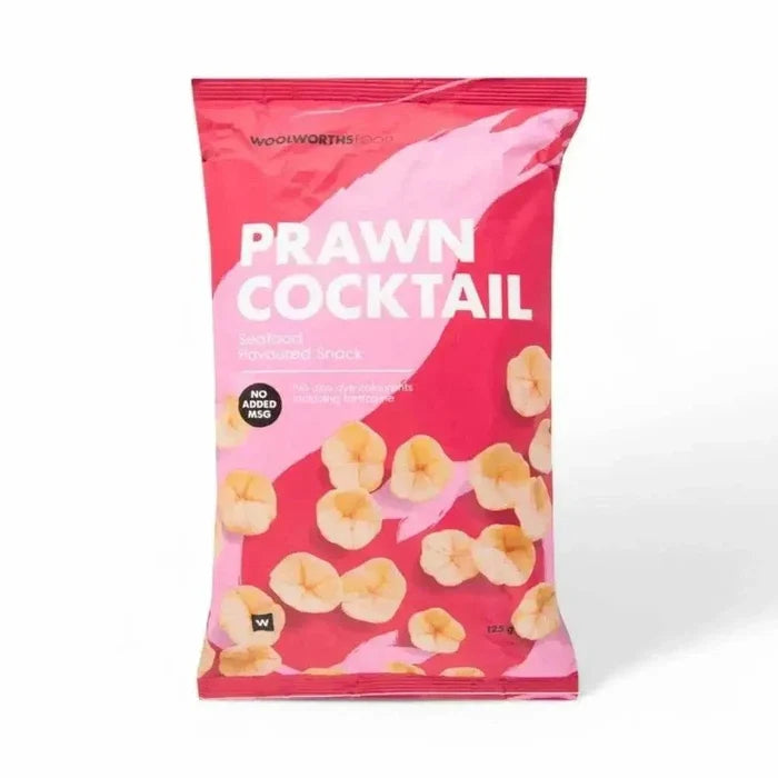Woolworths Prawn Cocktail Chips 125g pack with crispy seafood-flavored prawn cocktail seasoning snacks