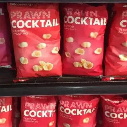 Woolworths Prawn Cocktail Chips 125g bag with crispy seafood-flavored prawn cocktail seasoning snack