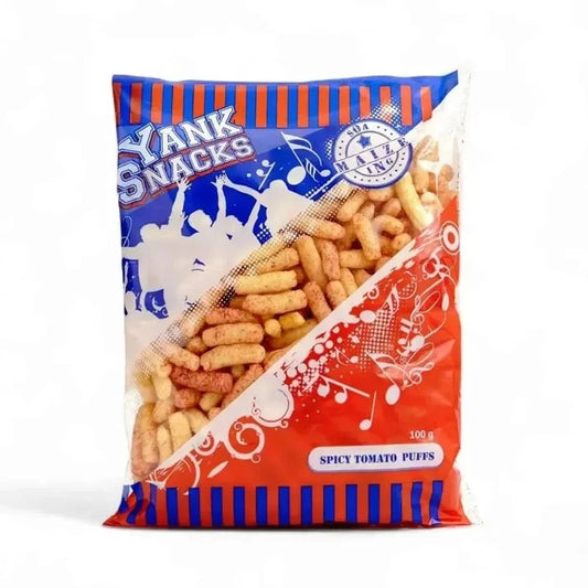 Yank Snacks Maize Puffs Spicy Tomato 100g – Bold, crispy maize puffs with zesty tomato flavor.